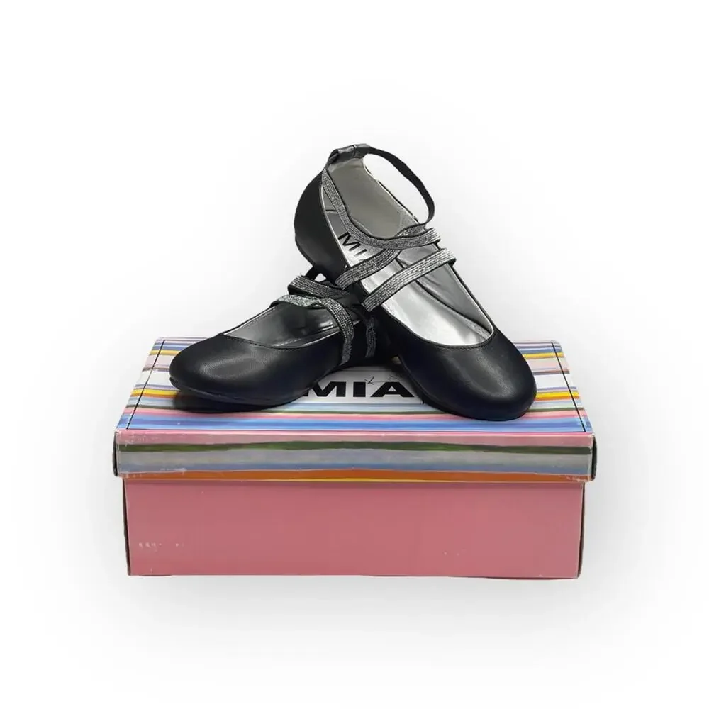 new Mia ☀︎︎ Abbey Vegan Leather Ankle Strap Ballet Flat ☀︎︎ Black + Silver ☀︎ 13